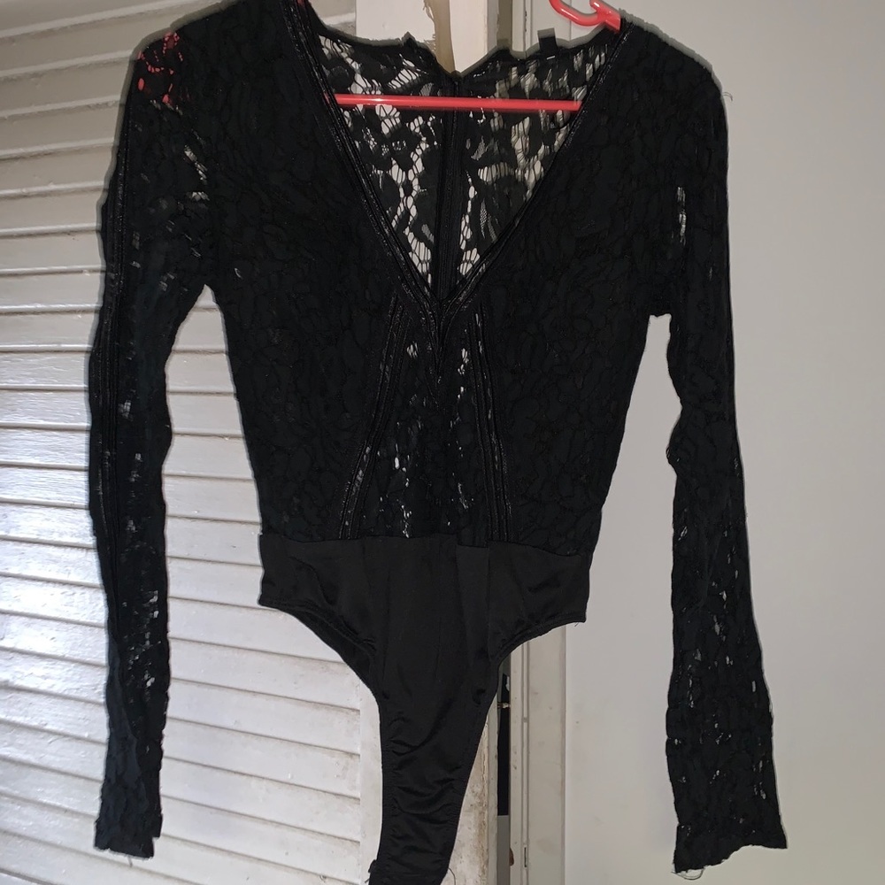 Missguided Black Long Sleeve Lace Tape Bodysuit